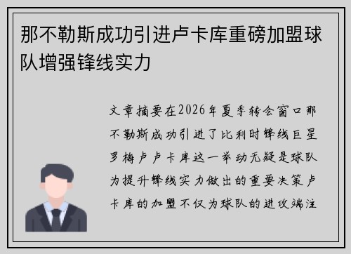 那不勒斯成功引进卢卡库重磅加盟球队增强锋线实力